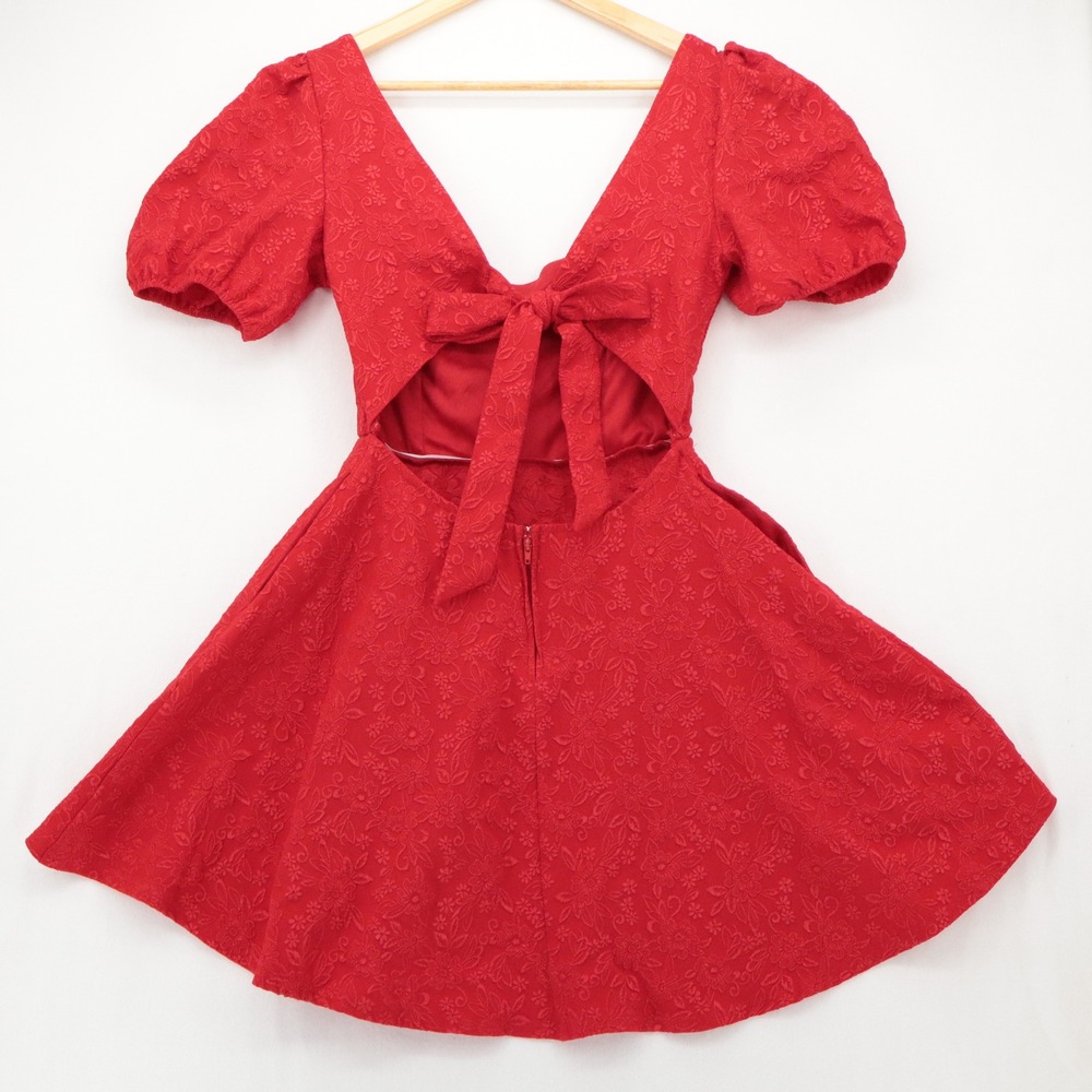 Trixxi‎ Womens Size M Red Floral Jacquard Puff Sleeve Open Back Tie Mini Dress